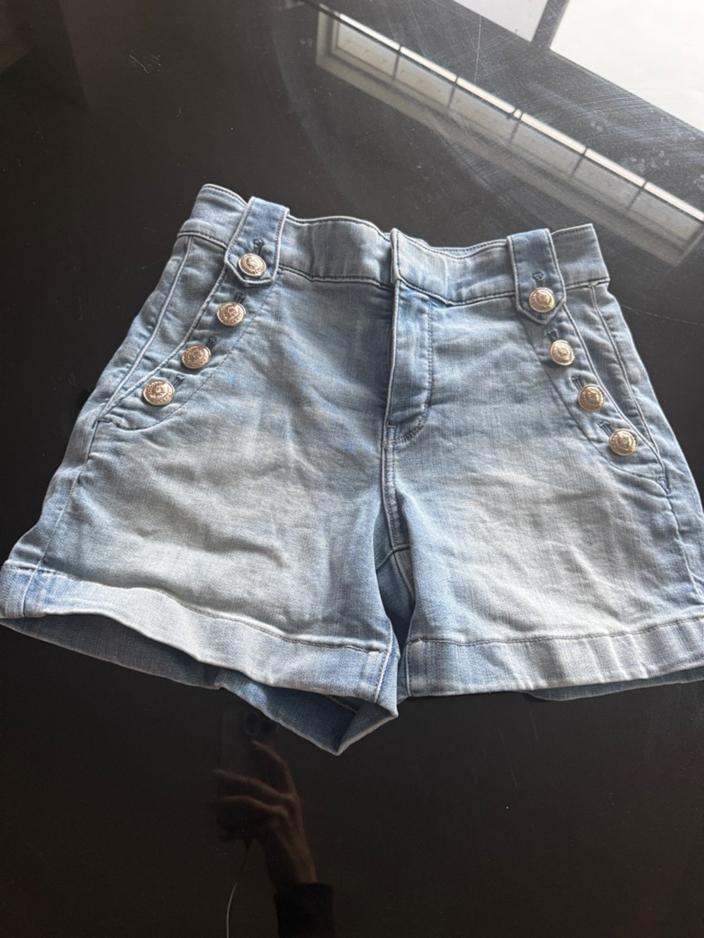 White House Black Market Light Blue High-Rise Denim Shorts with Gold Buttons